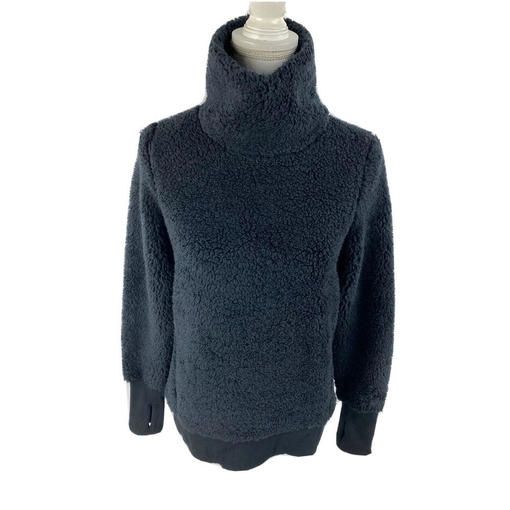 Athleta Womens XXS Nirvana Sherpa Funnel Sweatshirt Black #383846 Fuzzy
